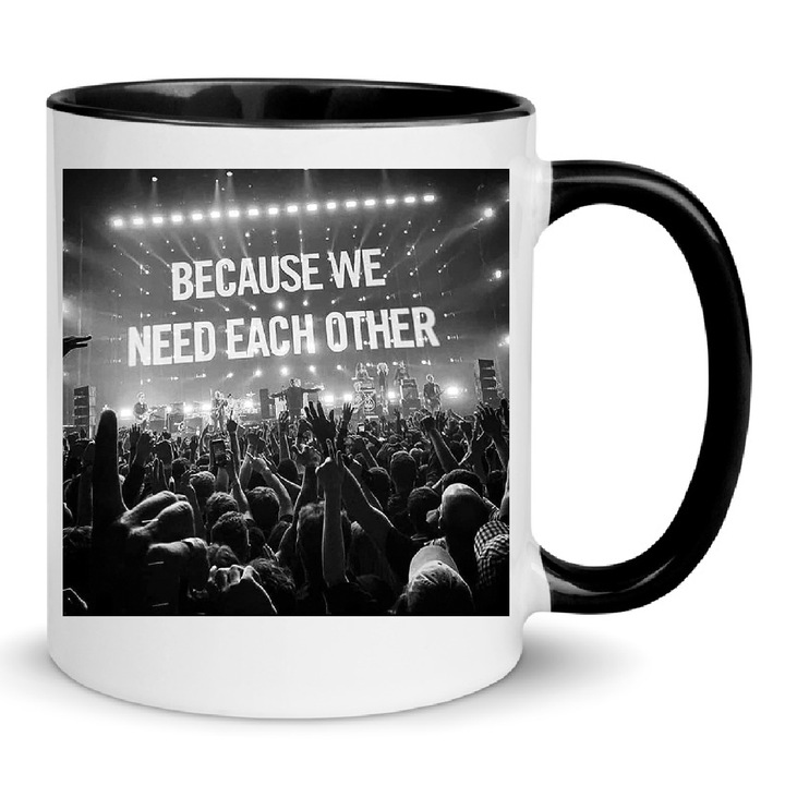 Cana ceramica 330ml No.7 - "Because We Need Each Other", neagra si alba, pentru cafea, design durabil, lavabil la masina