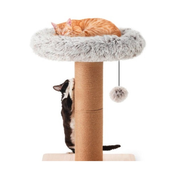 Drapak pentru pisici cu legowisko, natural, lemn masiv + juta, gri, 2 in 1