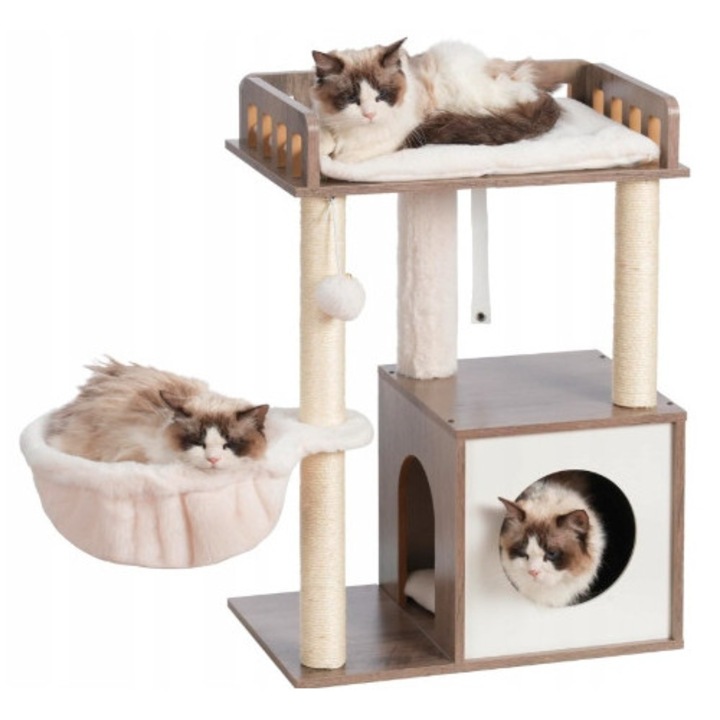 Ansamblu pentru pisici din lemn cu platforma, 2 stalpi, gri