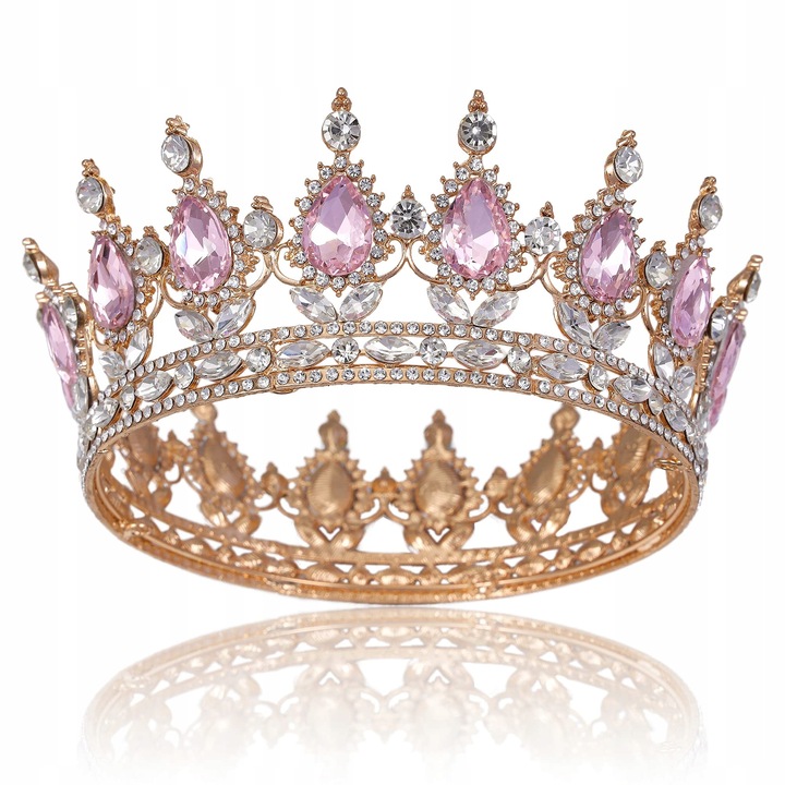 Tiara metalica roz cu cristale, 12,3cm diametru, 5,5cm inaltime