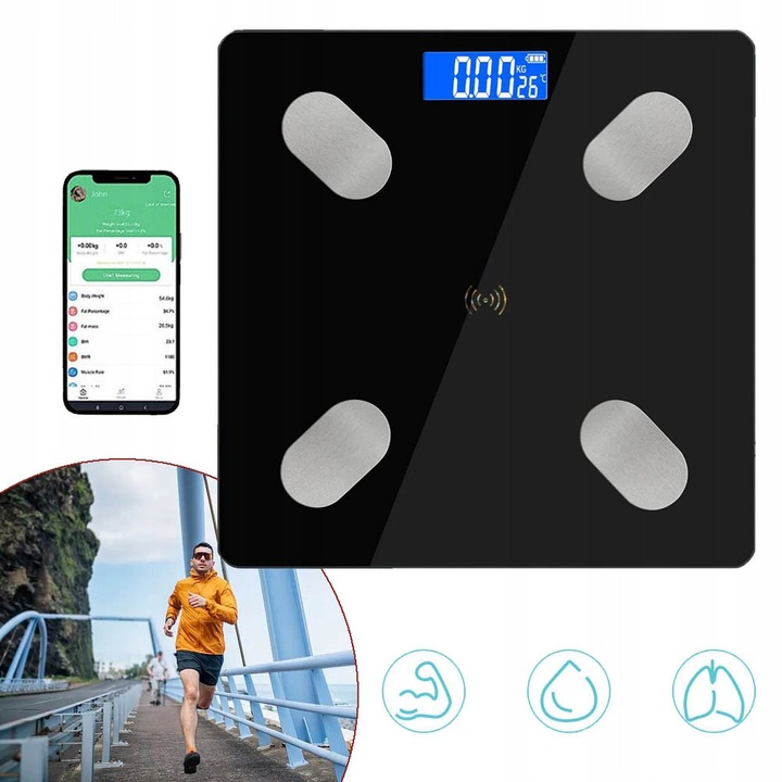 Cantar corporal inteligent, analiza datelor corpului, Bluetooth, sticla securizata, negru