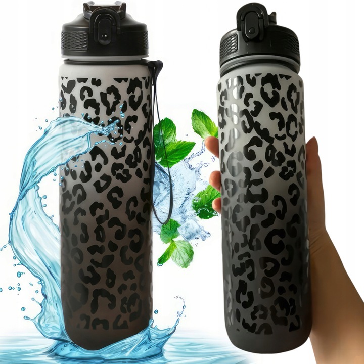 Спортна бутилка 1л, дизайн пантера, черна, с капак и сламка, за дейности на открито