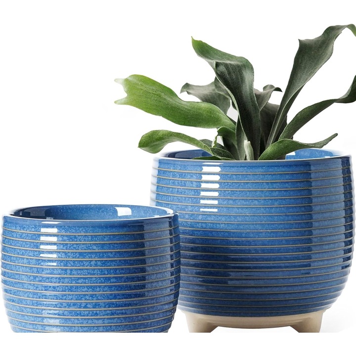 Set ghivece ceramice cu suport, 12 + 16 cm, albastru, design modern, cu deschidere de drenaj