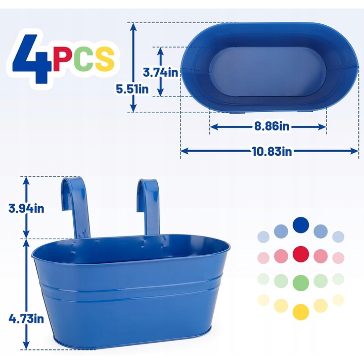 Set 4 ghivece metalice suspendate, 27,5 cm, negru, pentru balcon sau gradina