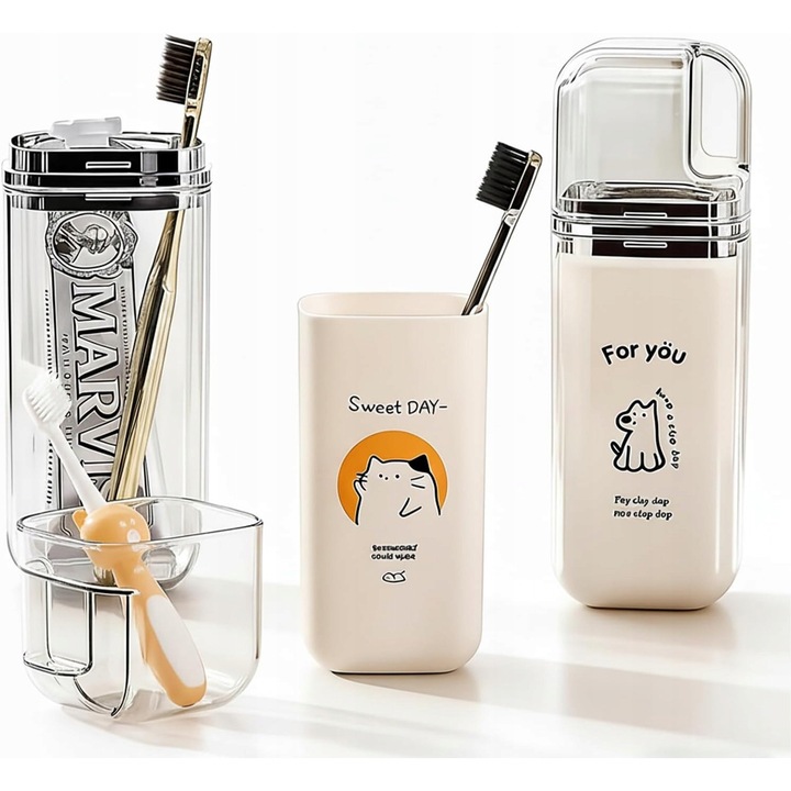 Set etui multifunctional pentru periute de dinti 3 in 1, bej, 2 bucati