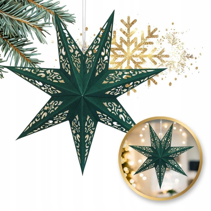 Stea de Craciun din hartie Ecarla, verde, 60x60cm, design vitraliu 3D