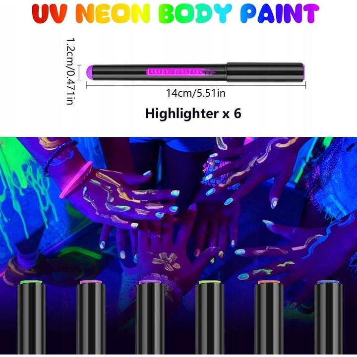 Set markere tatuaje temporare, 6 culori neon, rezistente la apa, uscare rapida