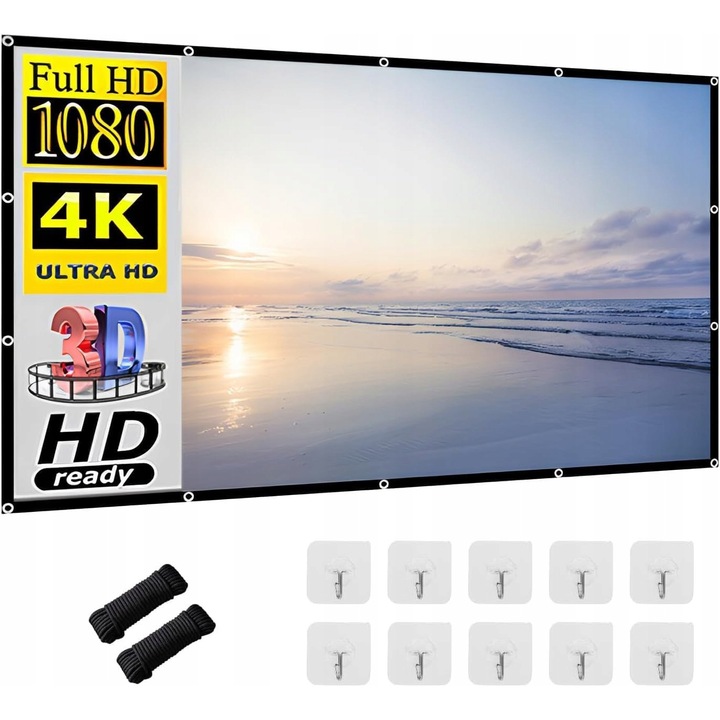 Vetítővászon, 100 hüvelykes, HD, összecsukható, 221x125cm, szett 2 vonallal és 10 átlátszó kampóval