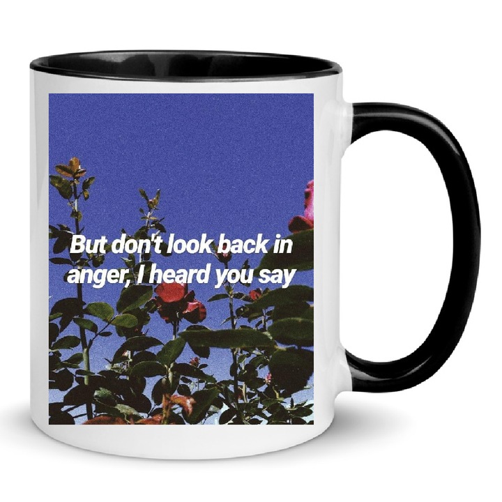 Cana ceramica 330ml No.10 - "Don't Look Back in Anger", neagra si alba, design glossy, rezistenta la masina de spalat, set pentru fani muzica