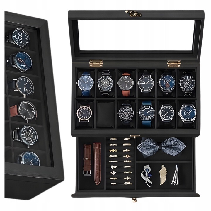 Дървена кутия за часовници, 12 отделения, 2 нива, стъклен капак, кадифена подплата