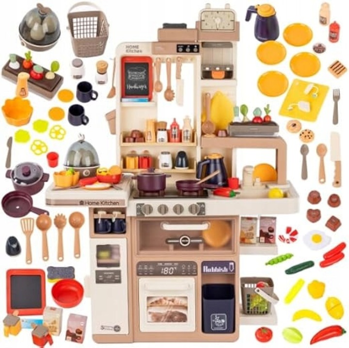 Bucatarie pentru copii, 88 accesorii, efecte sonore si luminoase, 27,5x69x93cm, culoare maro