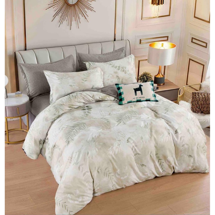 Lenjerie de pat dublu, 2 persoane, bumbac Finet, 6 Piese, Cearceaf de pat cu elastic 230x250 cm, Cearceaf pilota 200 x 230 cm, 2 fete de perna 70 x 70 cm, 2 fete de perna 50 x 70cm, MHR-1850