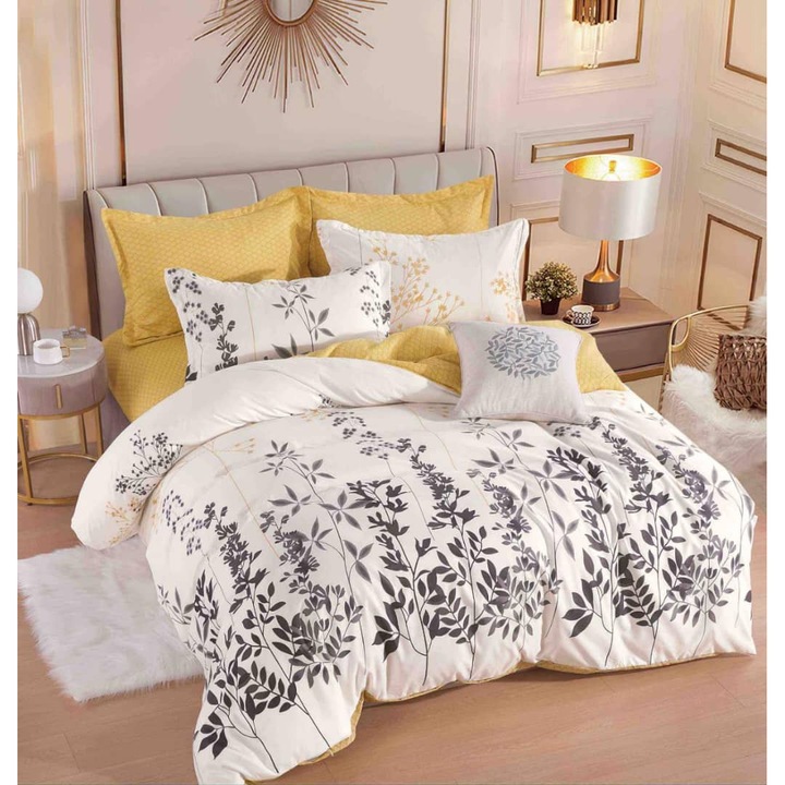 Lenjerie de pat dublu, 2 persoane, bumbac Finet, 6 Piese, Cearceaf de pat cu elastic 230x250 cm, Cearceaf pilota 200 x 230 cm, 2 fete de perna 70 x 70 cm, 2 fete de perna 50 x 70cm, MHR-1852