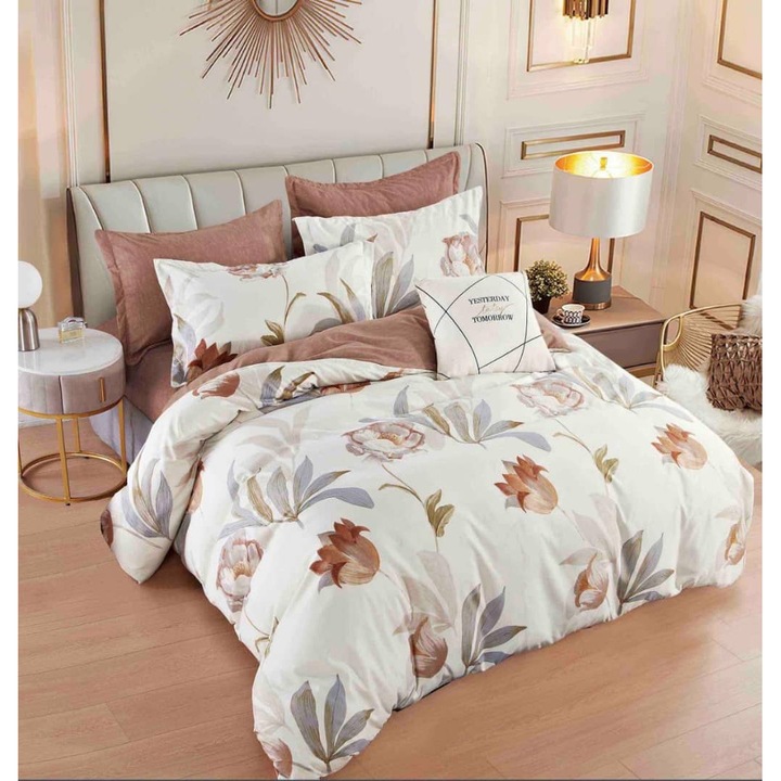 Lenjerie de pat dublu, 2 persoane, bumbac Finet, 6 Piese, Cearceaf de pat cu elastic 230x250 cm, Cearceaf pilota 200 x 230 cm, 2 fete de perna 70 x 70 cm, 2 fete de perna 50 x 70cm, MHR-1854