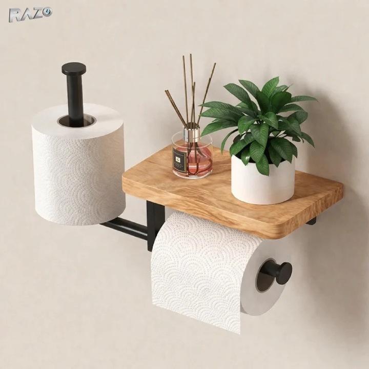 Suport hartie igienica cu raft RAZO, Montare dubla, Metal, lemn, Montare usoara, 25x30x12 cm