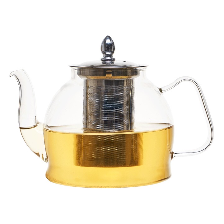 Ceainic clasic, Ordino, sticla, filtru inox detasabil, 1L, Rezistent la temperaturi inalte, infuzor detasabil, gura antipicurare, maner ergonomic