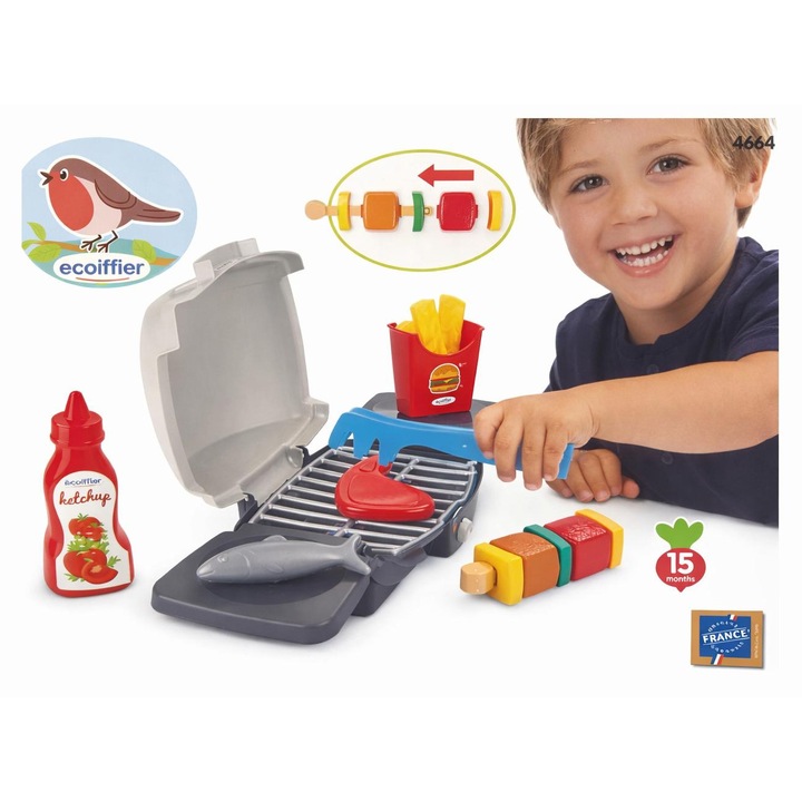 Set Gratar de Jucarie Ecoiffier cu Accesorii, BBQ Copii, Carne, Peste, Cartofi si Ketchup, +15 Luni