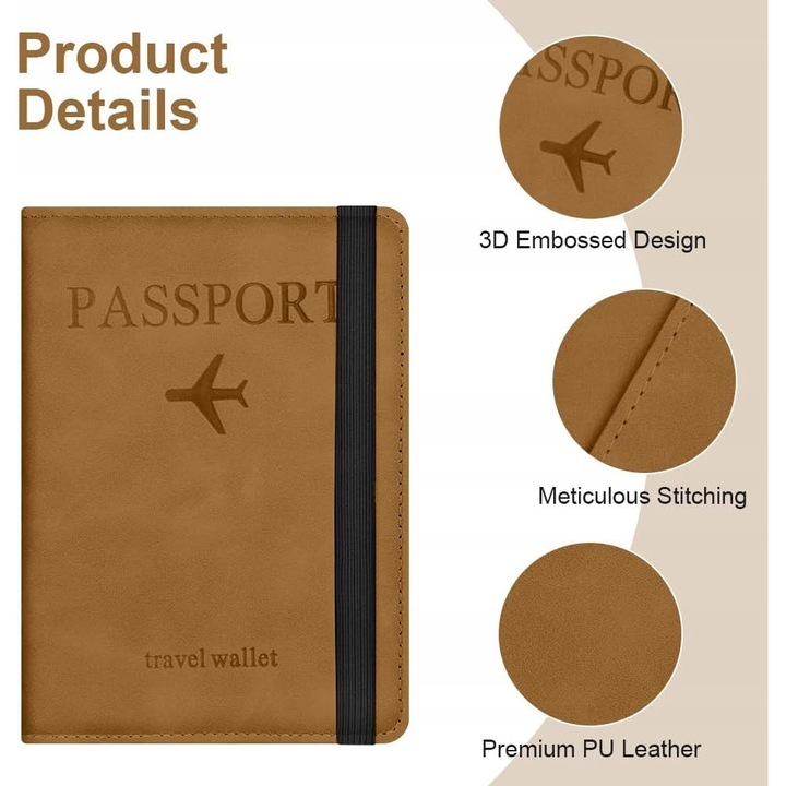 Husa pentru pasaport, din piele PU, blocare RFID, maro