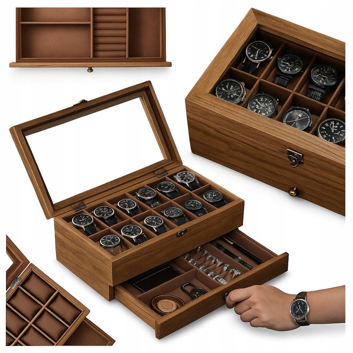 Fa óratartó doboz, 12 rekeszes, 2 szintes, üvegfedéllel, bársony béléssel