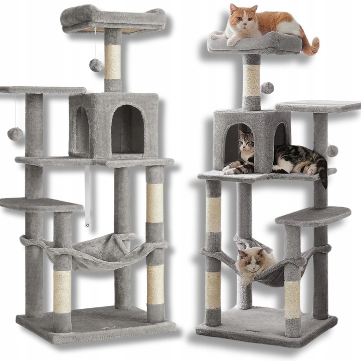 Катерушка за котки, Feandrea, 6 нива, хамак, интерактивна играчка, сива, 55x45x143см