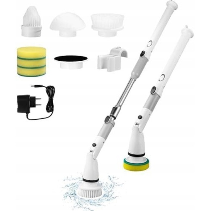 Perie de curatat electrica, 6 capete interschimbabile, telescopica, fara fir, alb