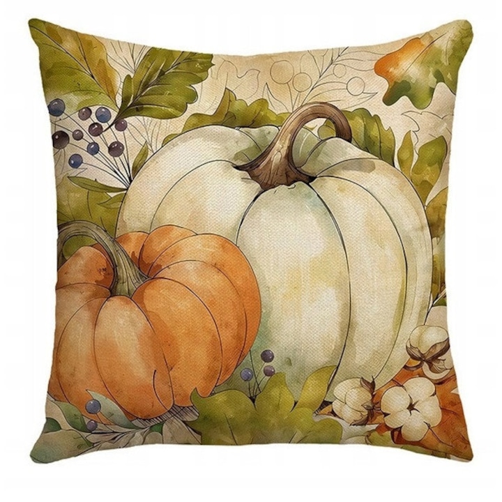 Perna decorativa Ecarla, model Dynia Jesienna, 45x45cm, imprimeu cu dovleac, 100% poliester
