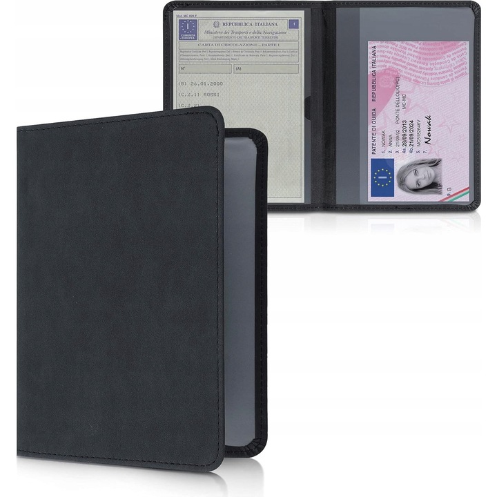 Калъф за документи за кола, черен, формат А6, с отделения за карти
