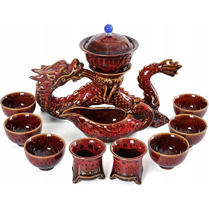 Set de ceai, rosu, 11 piese, portelan, motive chinezesti