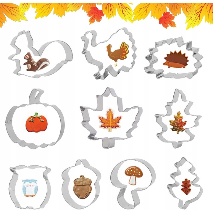 Set de forme pentru prajituri din otel inoxidabil, 10 modele cu tematica de toamna, multicolor