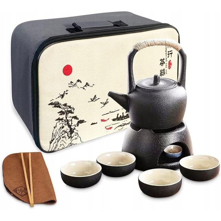 Set pentru ceai, portelan negru, 4 cani, cu incalzitor, pentru calatorii