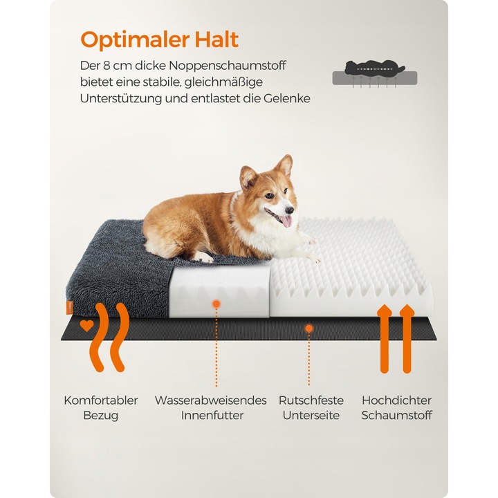 Ортопедична подложка за кучета, Feandrea, 95x60x8см, подплатена с пяна, противоплъзгаща, тъмно сива