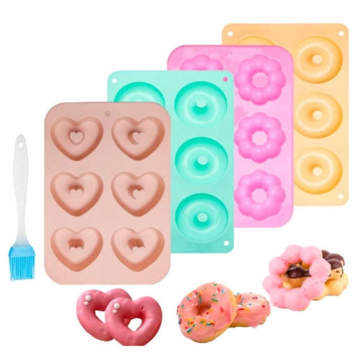 Set 4 forme siliconice pentru gogosi cu pensula, diverse forme, 23x33x3cm, multicolor