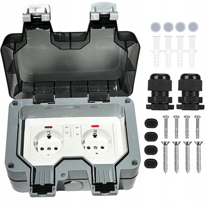 Gniazdo electric exterior IP66, 2-comorii, rezistent la apa si praf, set complet