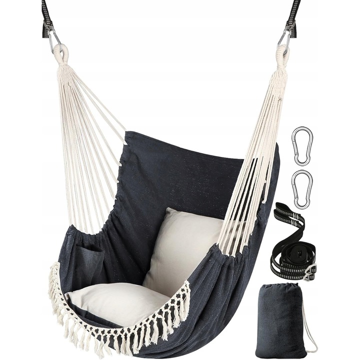 Függő hintaszék, 130x100cm, 2 párna, sötétszürke, szett