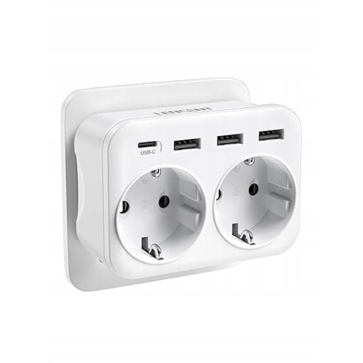 Prelungitor Lencent 6w1, 2 gniazda F, 3 porturi USB-A, 1 port USB-C, 4000W, alb