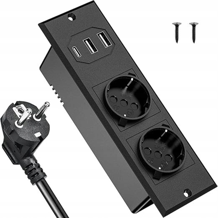 Prelungitor 5 in 1 cu 2 USB A si 1 USB C, 2 m, dimensiuni 160x60mm, instalare usoara