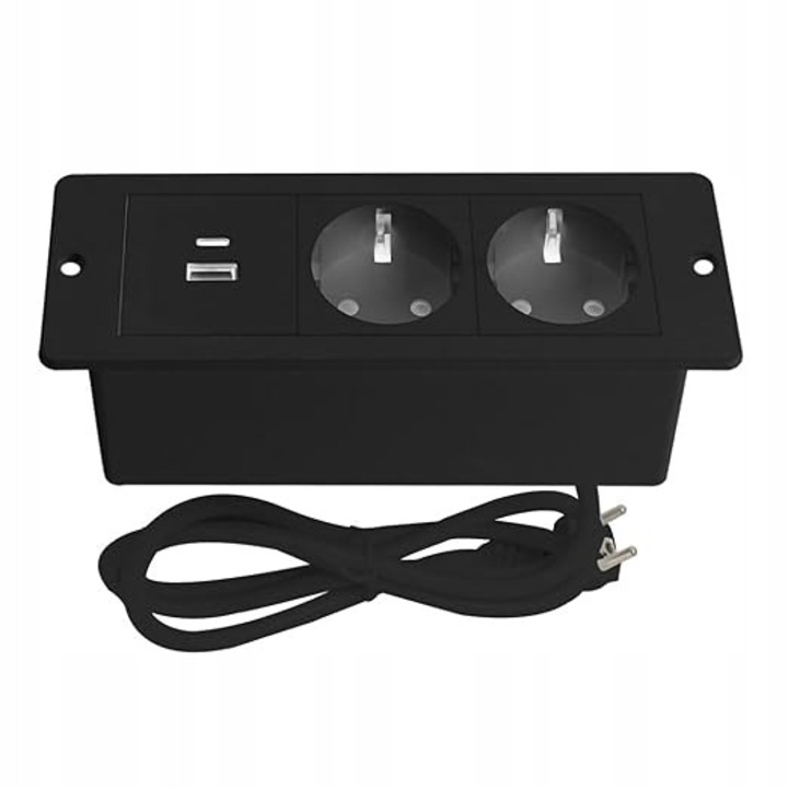 Prelungitor, 2 AC + 1 USB + 1 tip C, prindere in masa, compact, negru, 153x54mm