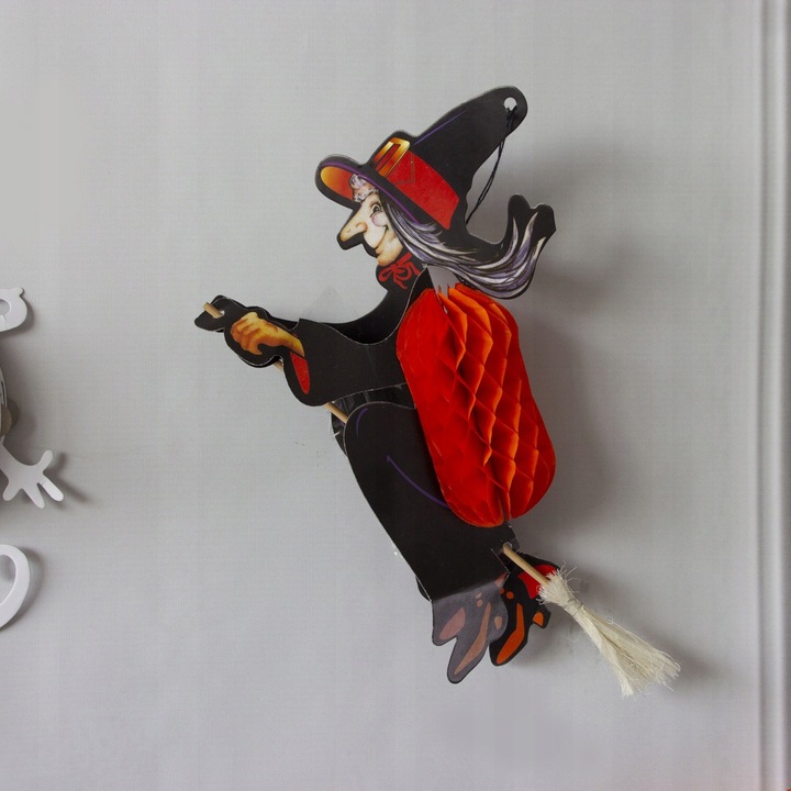 Decoratiune Halloween Czarownica pe miote, PartyPal, 31x20cm, set 1 buc.