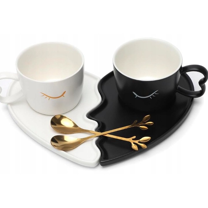 Set cani pentru cupluri, 2 cani, 2 spodki, 2 lingurite, ceramica, 200ml, design romantic