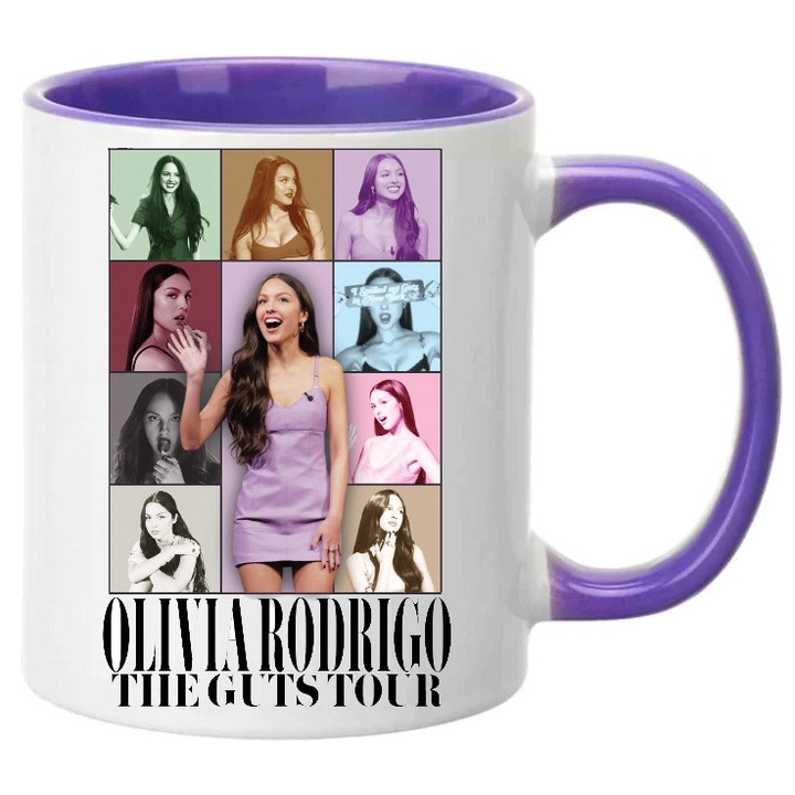 Cana ceramica Olivia Rodrigo 330ml, alb si mov, design modern, rezistent la masina de spalat vase