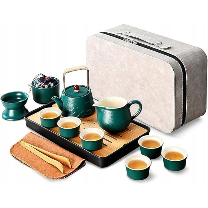 Порцеланов чайник 0,24 л, комплект Fanquare, зелен, с тава и чанта за носене