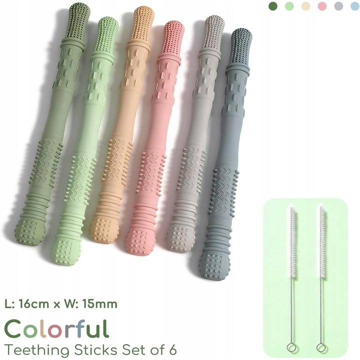 Силиконови играчки за никнене на зъбки за бебета, комплект 8 броя, 3-18 месеца, зелен, син, сив, бежов, розов, 16x1,5 см