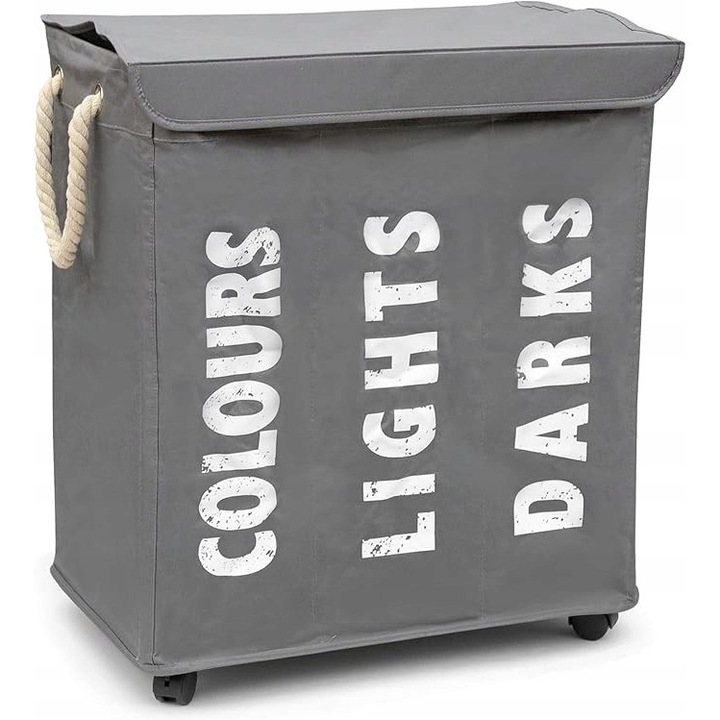 Cos pentru rufe, 3 compartimente, gri, cu roti
