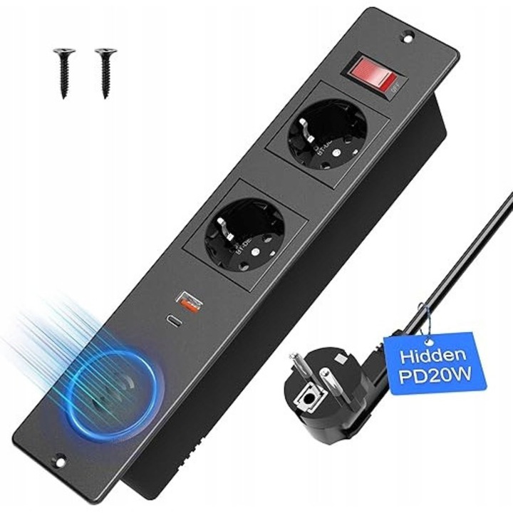 Priza de alimentare cu 3 prize, incarcare wireless 15W, USB-C PD 20W, neagra, 26x15,5cm, cablu 2m