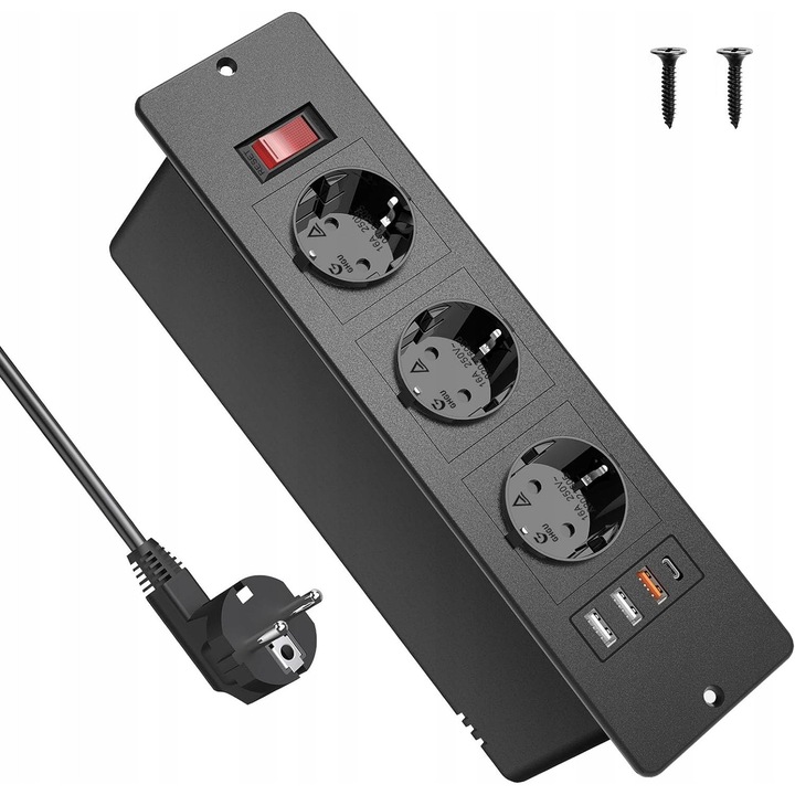 Prelungitor, 3 prize+ 3 USB, USB-C PD20W, cu cablu 2m, dimensiuni 24x6cm