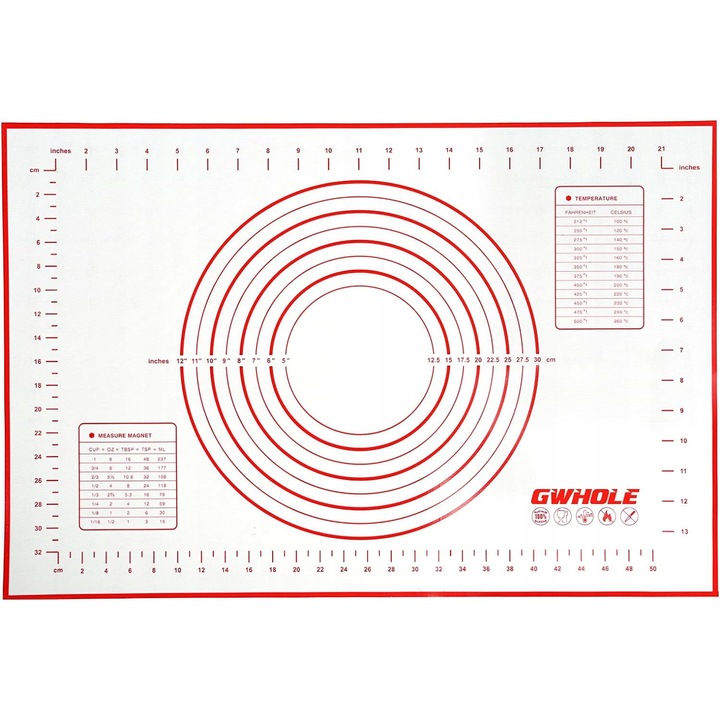 Covoras de copt antiderapanta din silicon, 100% sigura pentru contactul cu alimentele, rezistenta la temperaturi de -40C pana la 230C, dimensiuni utile.