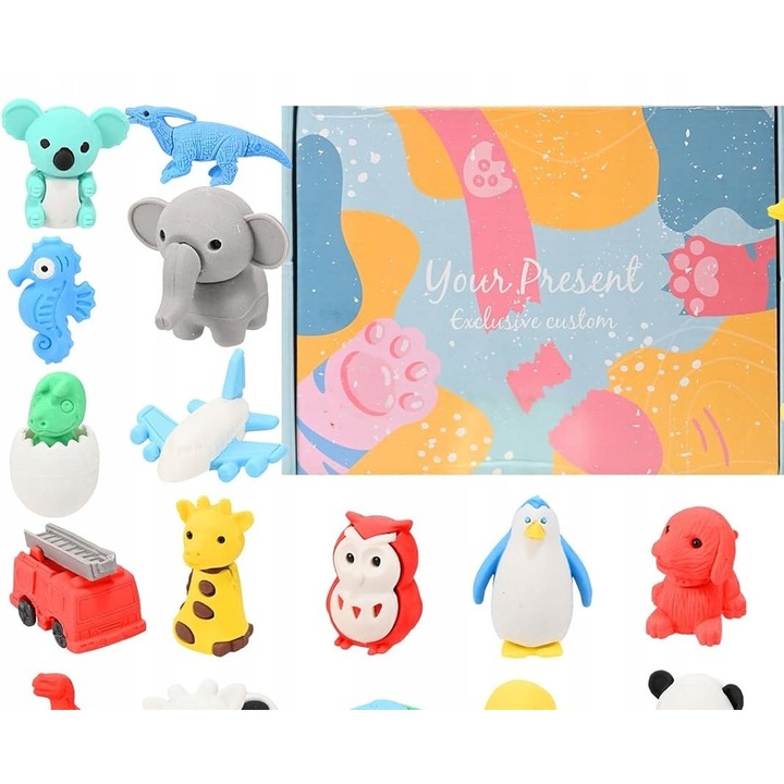 Set 36 gumki de sters 3D colorate pentru copii, animale, masini, dinozauri, material netoxic