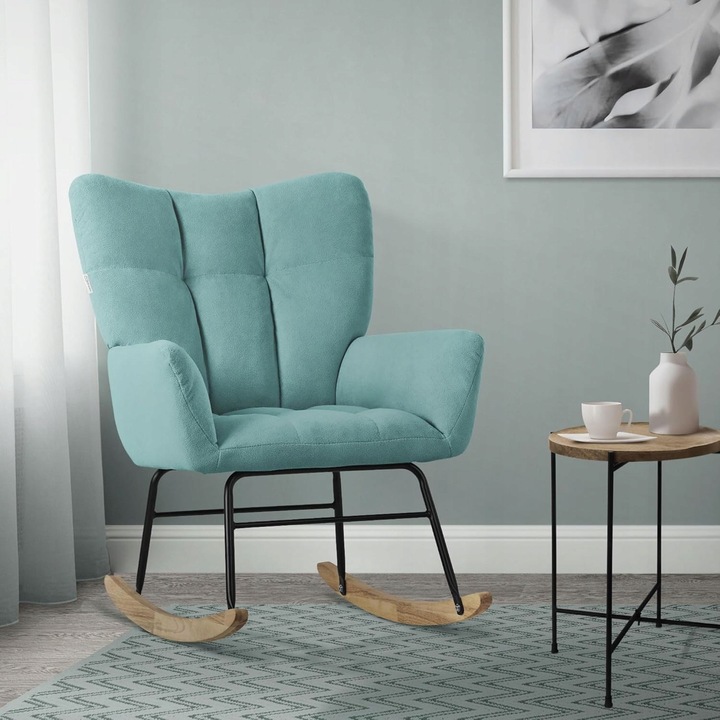 Fotoliu bujan confortabil turcoaz, dimensiuni 69x88x95cm, cadru din otel, picioare din lemn natural