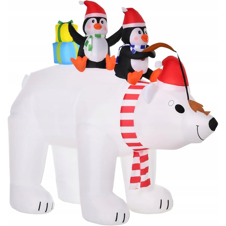 Figurina gonflabila Craciun, design urs polar cu doi pinguini, LED alb, 227x113x206cm, set complet