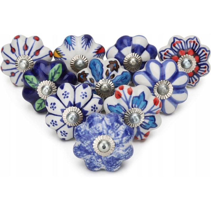 Set 10 galci ceramice decorative colorate, design vintage, 2,5x1,7 inch